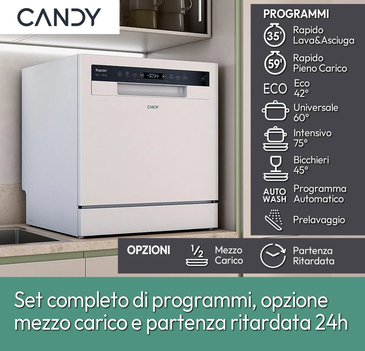 Candy Rapido' CP 8F9FFW Lavastoviglie Compatta 8 Coperti 8 Programmi 59.5x50.1x55 cm Bianco