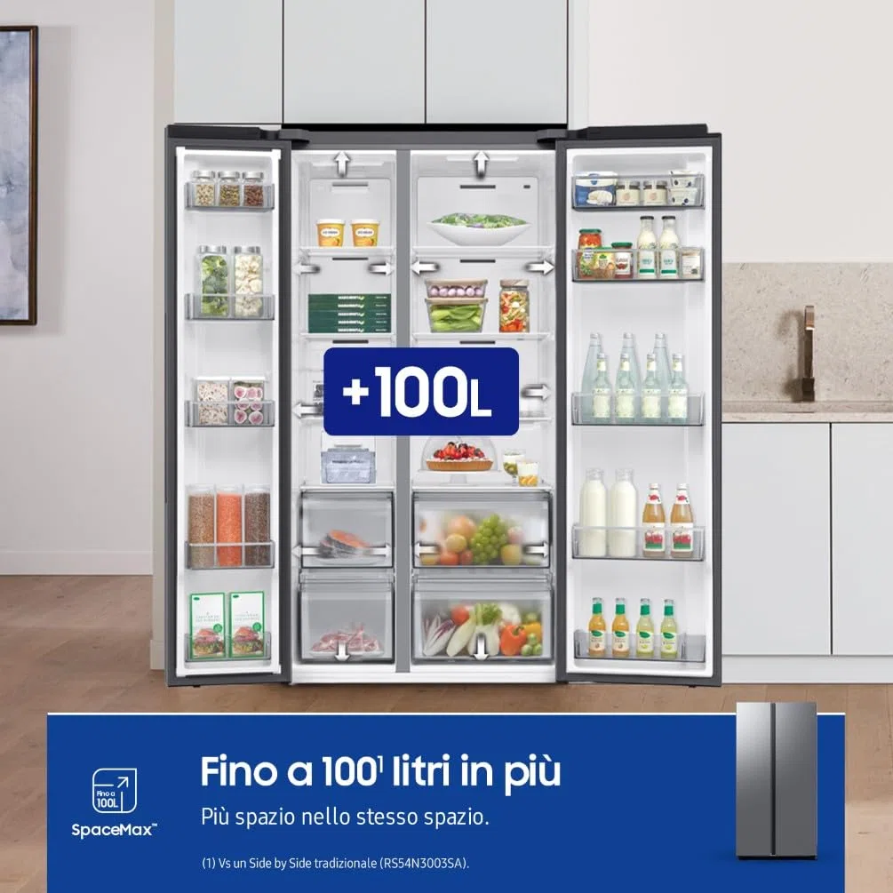 Samsung Frigorifero Side by Side AI RS70F65QET/EF, All-Around Cooling, Wifi con AI Energy Mode, Total No Frost, SpaceMax, 655 L, LxAxP: 91,2 x 178,4 x 72,6 cm, Metal Inox