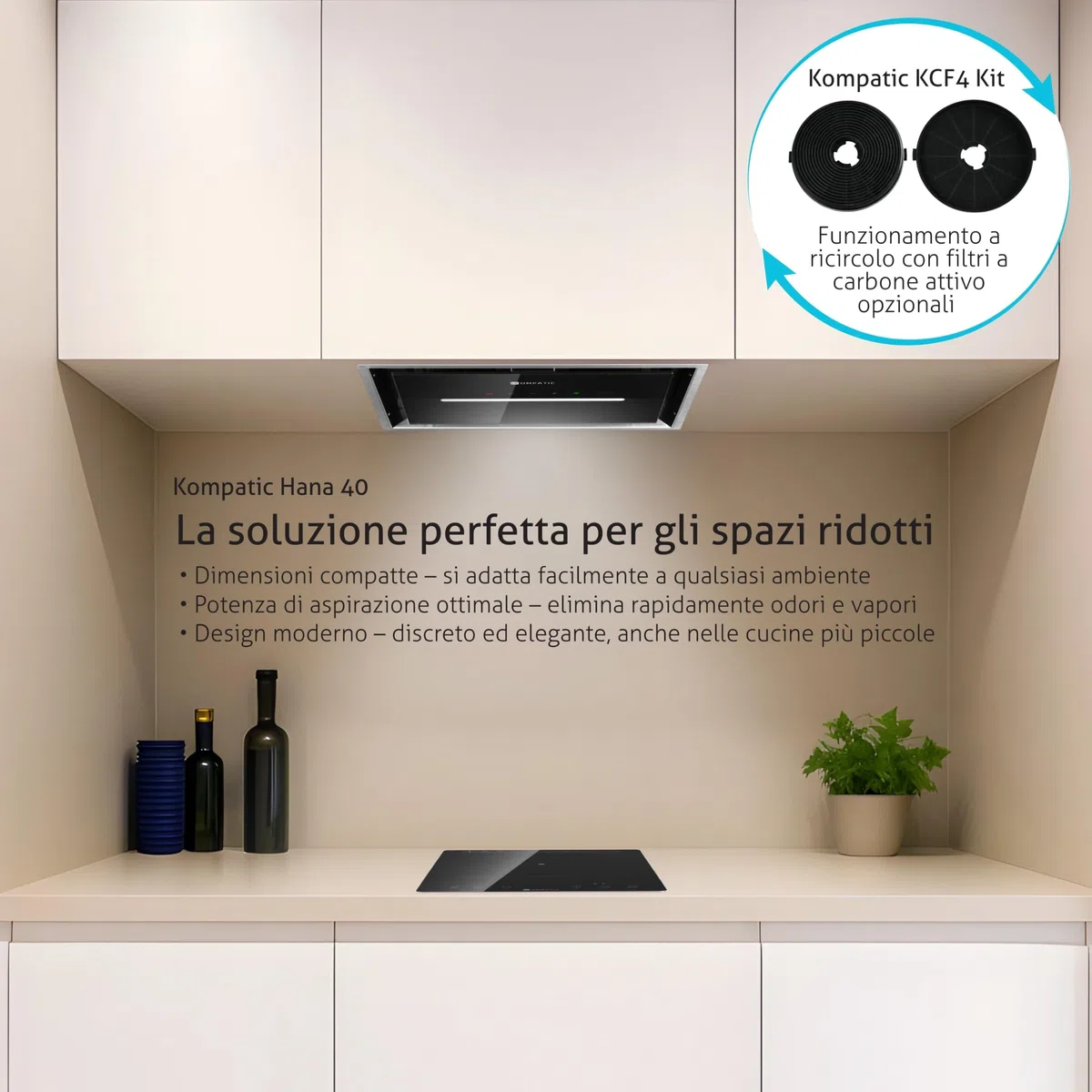 HANA 40 KPHN40BIS Cappa aspirante Incasso, A++, Controllo gestuale, Touch, Telecomando, Modalità purificazione aria, 450 m³/h, LED dimmerabile, Regolazione temperatura colore, 40 cm