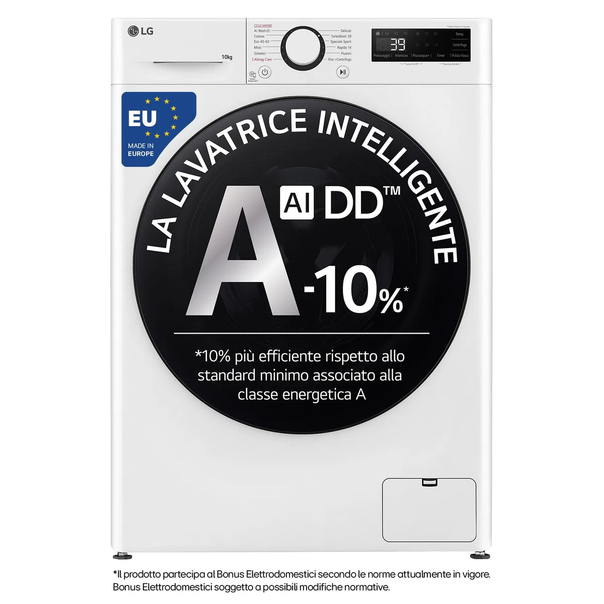 LG AI DD F4WR6010AGW Lavatrice 10 kg Serie R5, Carica Frontale, Classe A-10%, 1400 giri, TurboWash 360, Lavaggio a vapore, Motore Direct Drive, Smart Diagnosis, Libera installazione, Bianca
