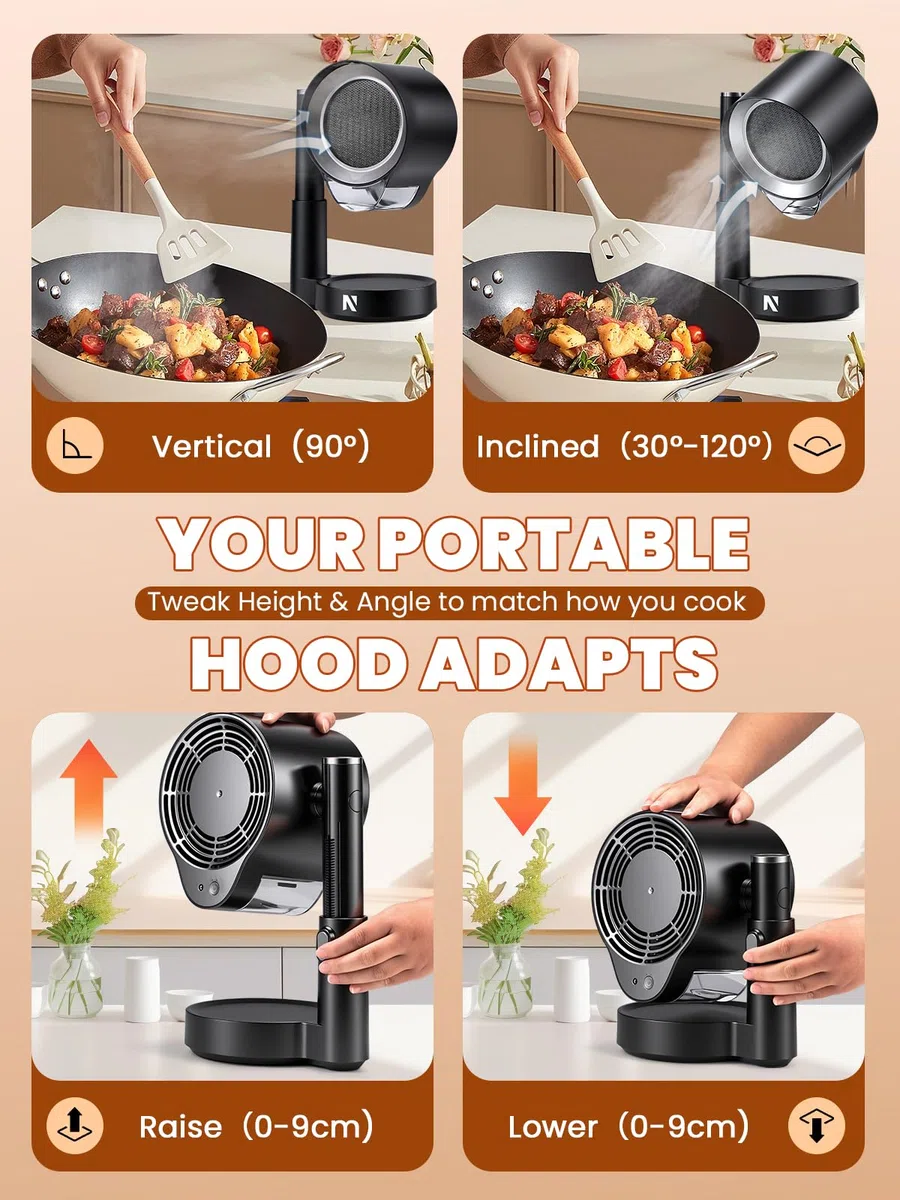 NEWTRY Cappa aspirante portatile – Potente 3 velocità di aspirazione compatta Mini aspiratore portatile con 2 filtri lavabili per casa, cucina, roulotte, esterni, hotpot Grill