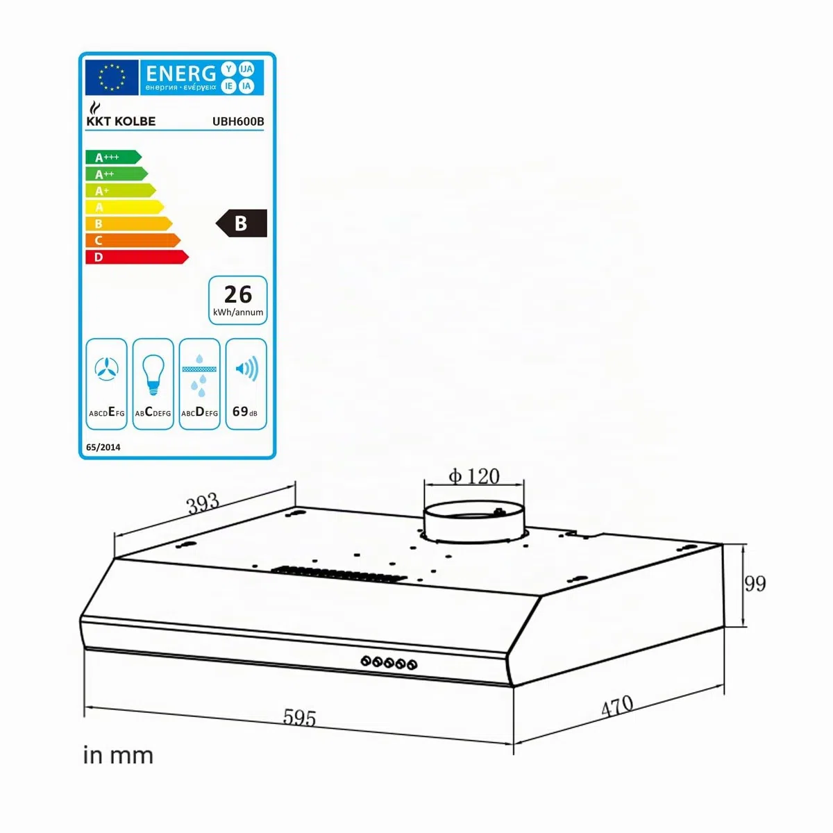 KKT KOLBE | Cappa aspirante 60 cm | Cappa sottopensile | Cappa da incasso | Acciaio inox | Nero | 3 livelli di potenza | Comando a pulsante | Scarico aria | UBH600B