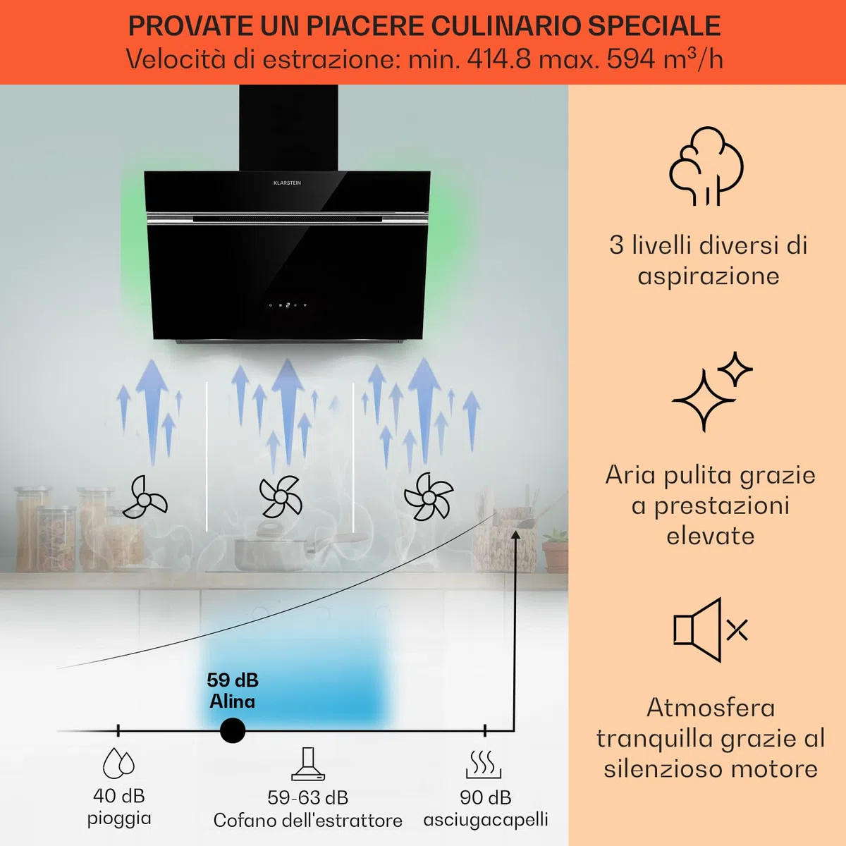 Klarstein Alina Angled Cappa Aspirante 60 cm, Cappa Cucina con Aspirazione Smart, Con Filtro per Cappa in Carbonio, Flusso d'Aria 594m³/h, Illuminazione LED RGB, Cappa Sottopensile Esterno Classe A