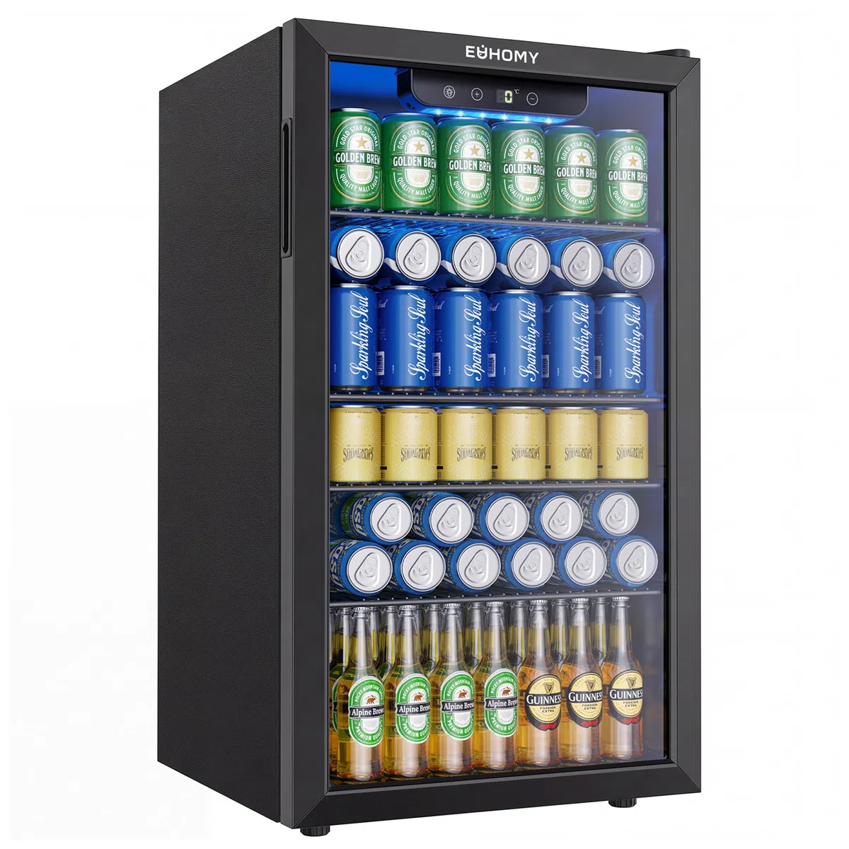 EUHOMY Frigorifero per bevande, mini frigo per 126 lattine con porta in vetro, piccolo frigorifero con ripiani regolabili per limonata, birra o vino, perfetto per casa/bar, ufficio, nero