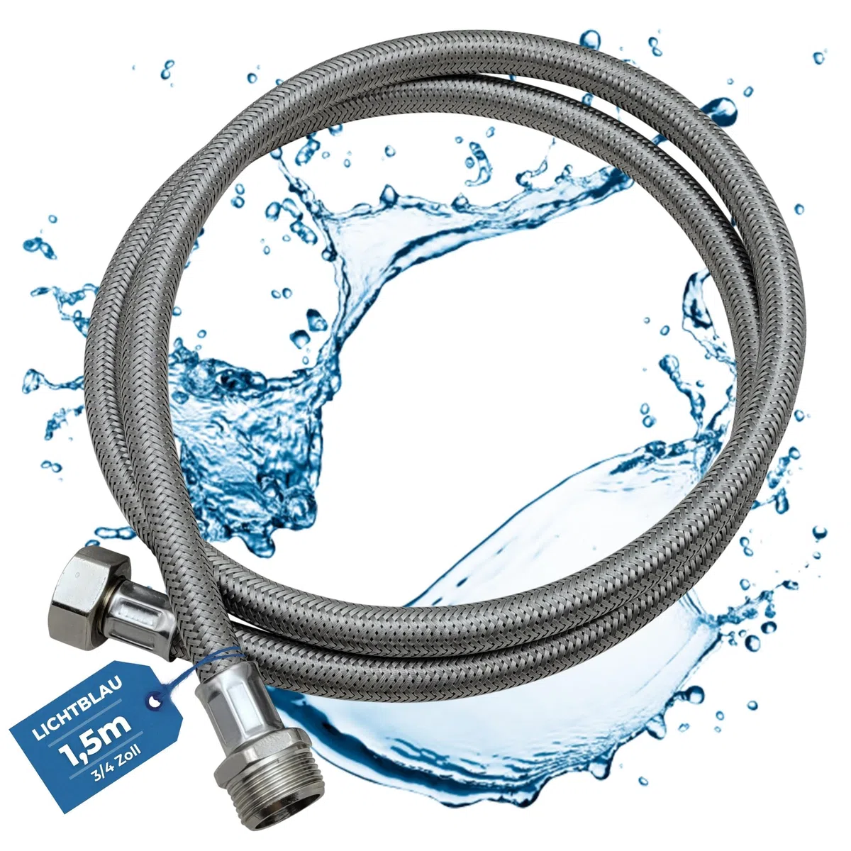 LICHTBLAU Estensione Aquastop in acciaio inox antipiega, 1,5m, attacco 3/4", per lavatrice e lavastoviglie, tubo corazzato dritto/dritto, con guarnizione, universale utilizzabile