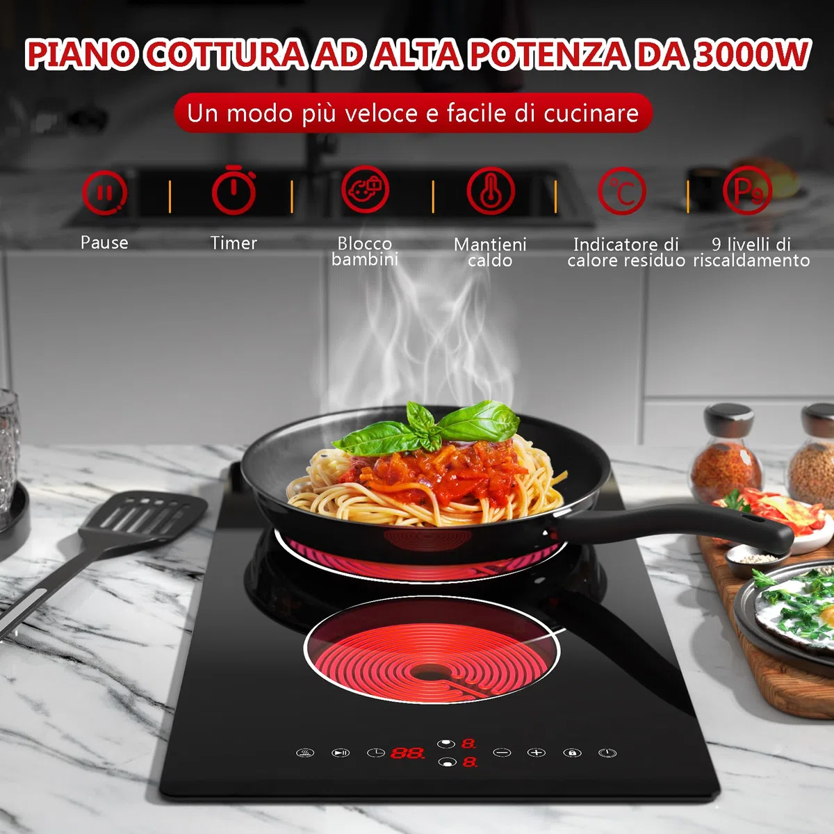 Piano Cottura 2 Fuochi Elettrico Vetroceramica, 30cm Vetroceramica Piano Cottura Elettrico a Incasso con Spina, Controllo a Sfioramento, 9 Livelli di Riscaldamento,Blocco di Sicurezza, 3000W