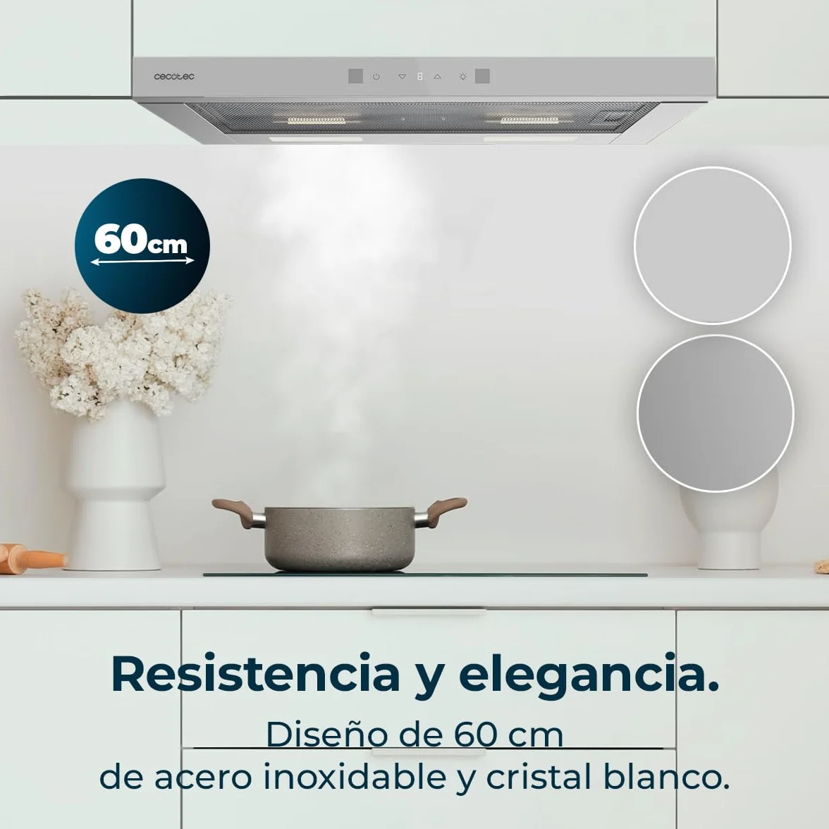 Cecotec Cappa Aspirante 60cm Telescopica Bolero Flux TLT 604400 Glass White A+++. Aspirazione 431,2m³/h, Basso Consumo, Motore DC, Controllo Movimento e Touch, Vetro Frontale Bianco, Acciaio Inox
