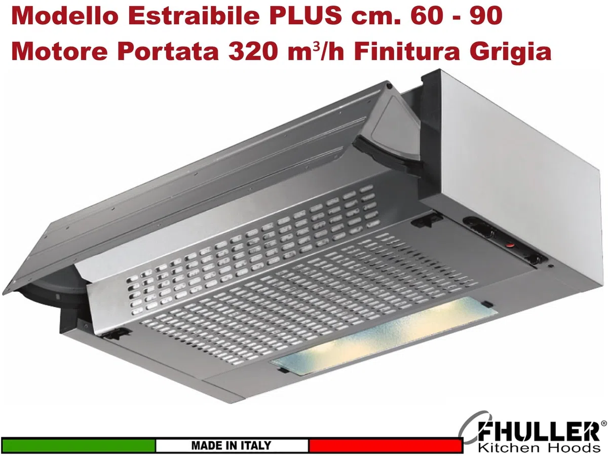 Cappa ESTRAIBILE PLUS Gruppo Incasso 60 Sottopensile Tecnowind K104R0077 Motore 320 m³/h Classe C SENZA FRONTALINO Illuminazione a LED 2,5 E14 Comando Meccanico Filtro Metallico