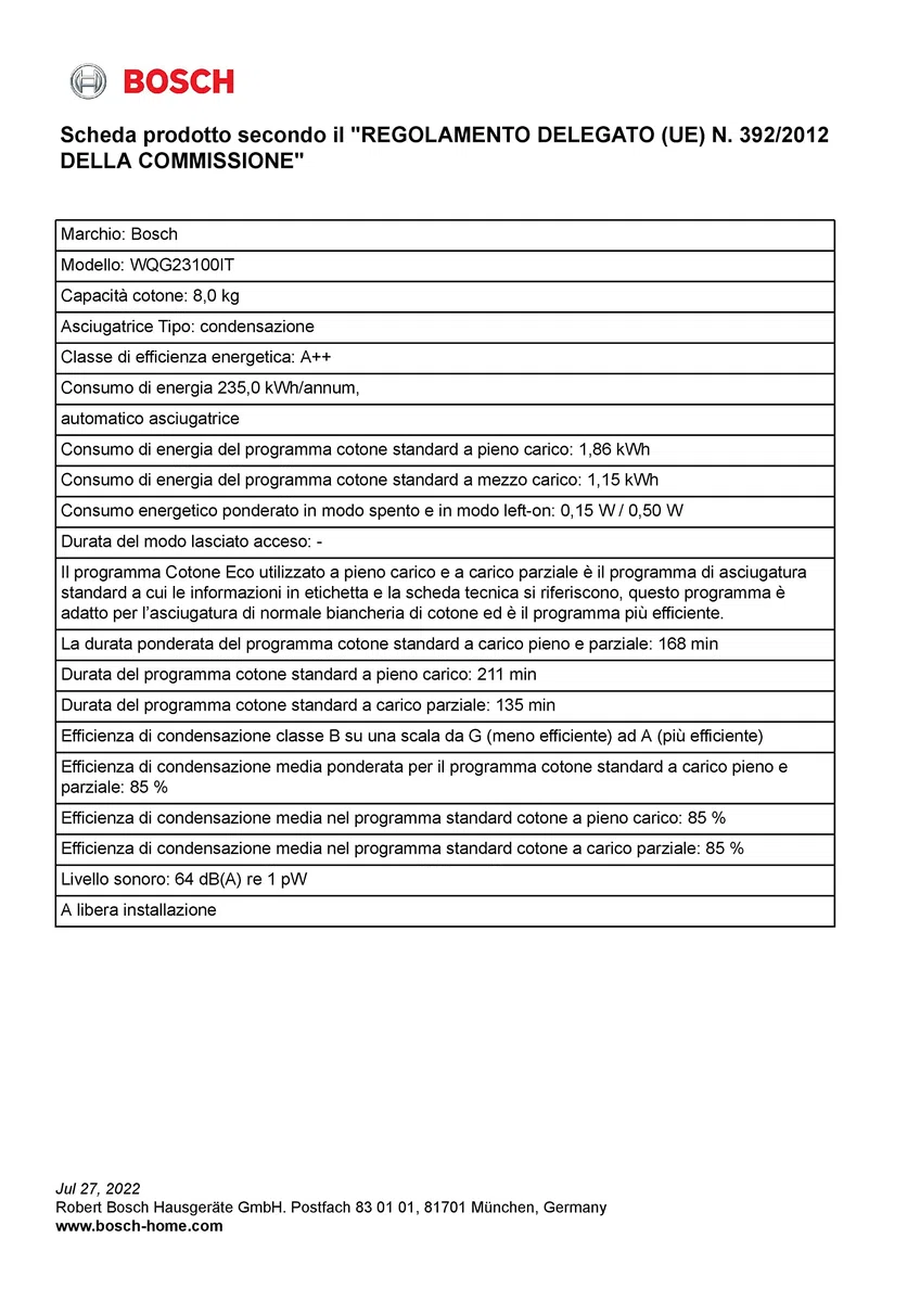 Bosch WQG23100IT Serie 6, Asciugatrice a pompa di calore, capacità 8 kg, EasyClean, Cestello Lana, Auto Dry, Programma Rapido