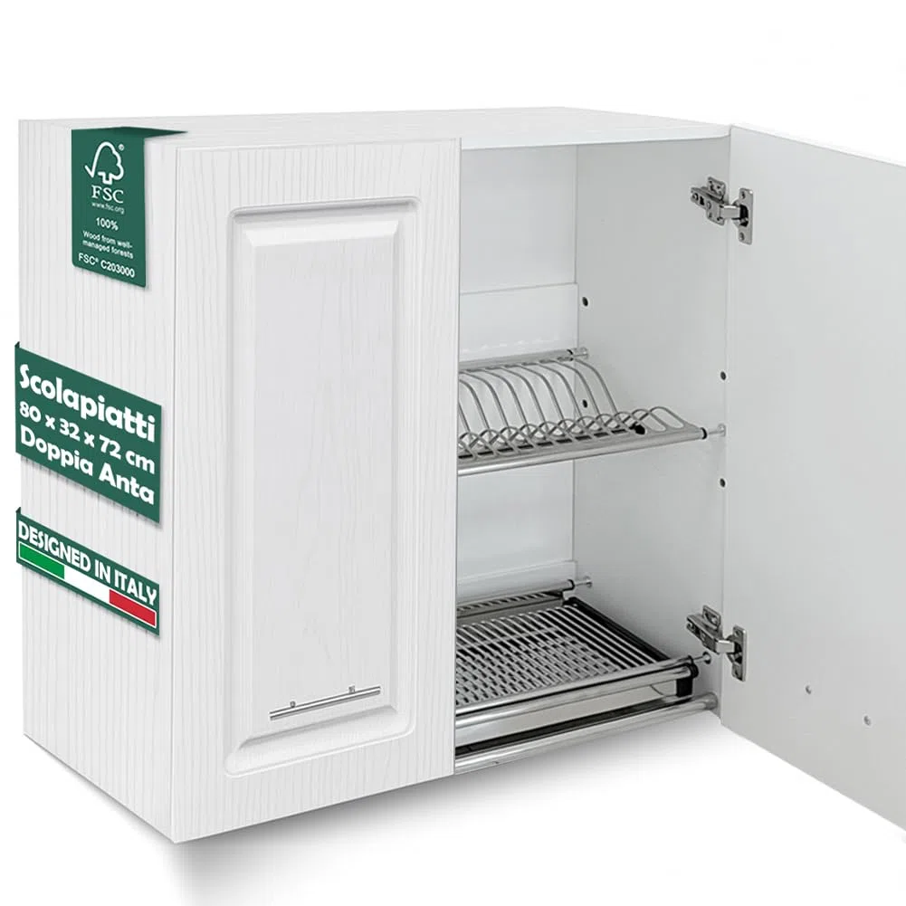 Shally Dogan Pensile Scolapiatti con Vassoio Salvagoccia da Cucina Design Boiserie, Mobile a Parete in Legno Resistente Armadio Sospeso con Due ante e Due Ripiani, 80 x 32 x 72H cm (Bianco Frassianto)