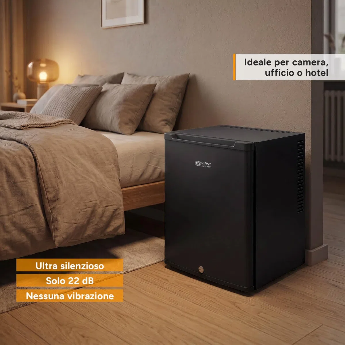 TZS First Austria - Mini Frigorifero 40L silenzioso - Piccolo Minifrigo con porta reversibile e luce interna - Minibar per campeggio, ufficio, camera da letto e hotel - Nero opaco