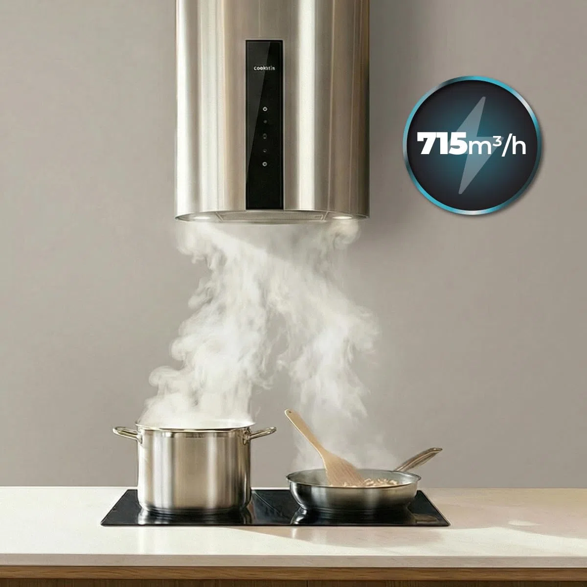 Cecotec Cappa Aspirante Rotonda a Parete 35 cm Bolero Flux DRT 358000 Inox A++. Aspirazione 715 m³/h, 2 Velocità + Funzione Booster, Filtri a Carbone, Classe A++, Controllo Touch