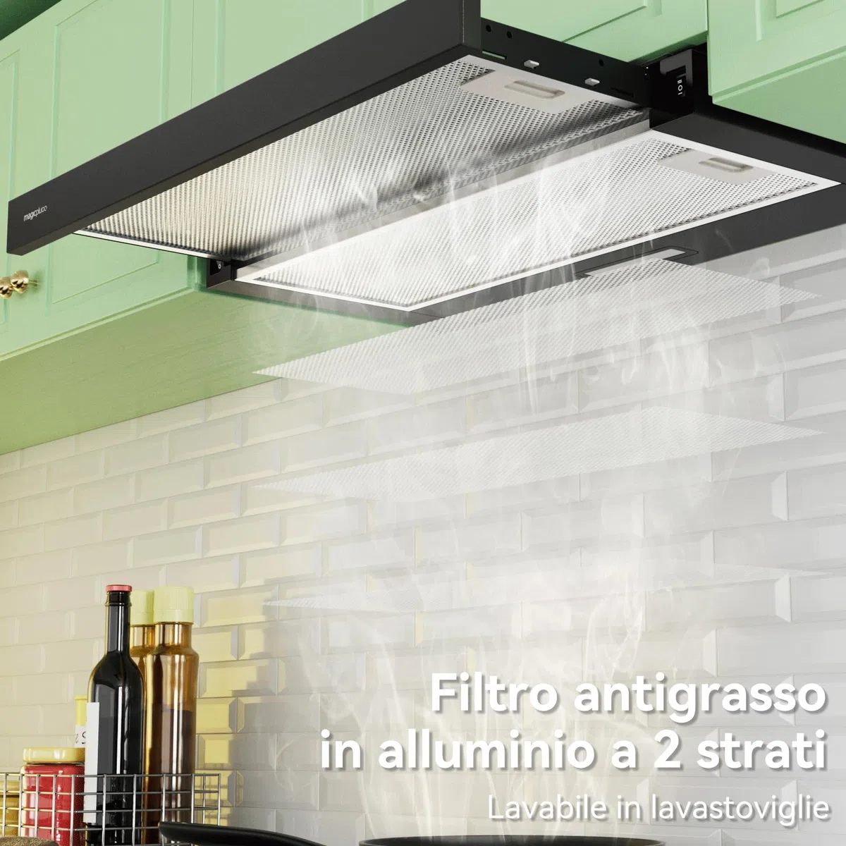 magicplux Cappa aspirante Telescopica 60 cm Nero – 370 m³/h, Classe A, LED, 60/65 dB, Estrazione/Ricircolo, Filtro al Carbone Incluso