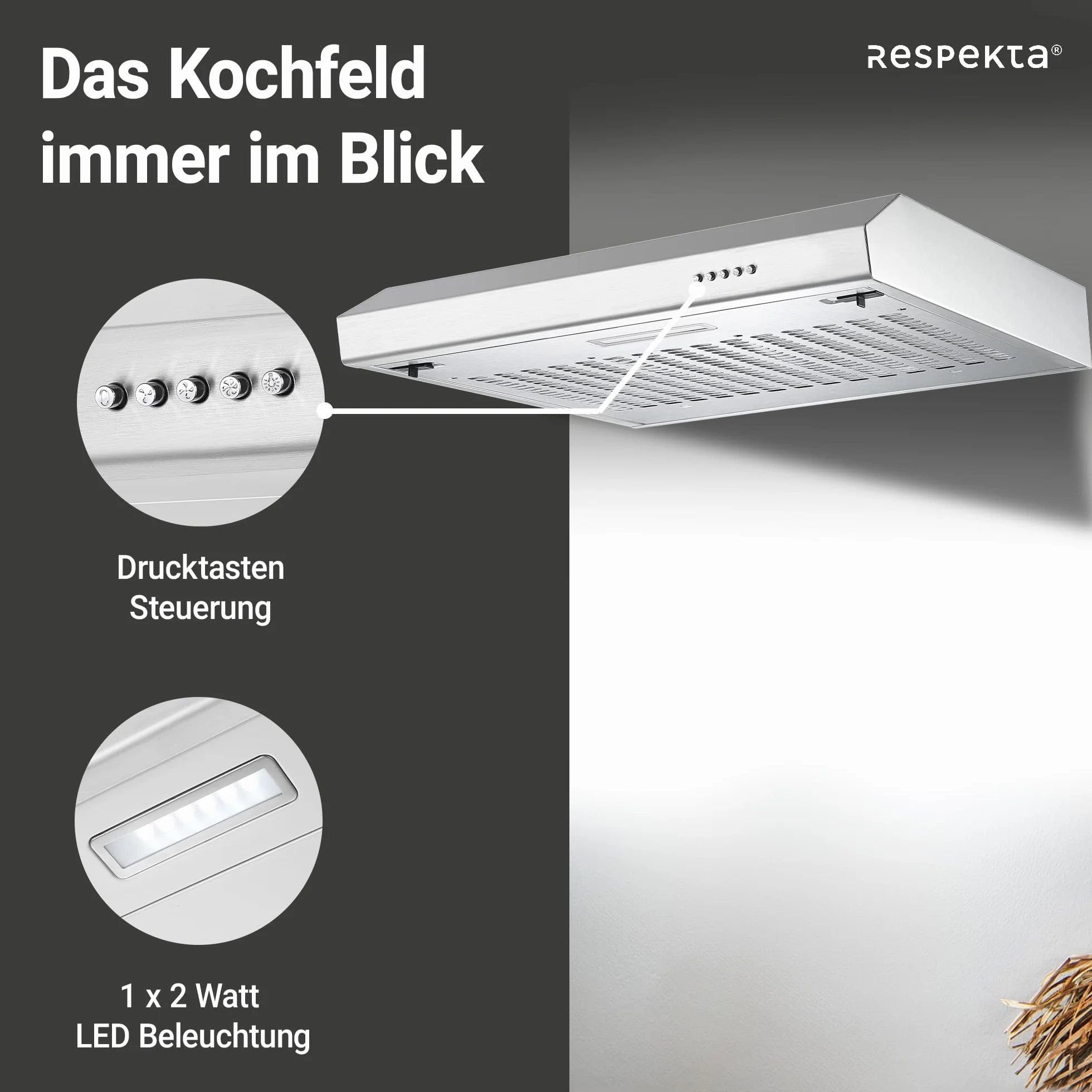 Respekta Sina cappa sottopensile inox/cappa aspirante 50 cm/corpo inox di qualità/funzione aspirazione e espulsione aria / CH500IX-19 / classe efficienza energetica A+ / 53–64 dB