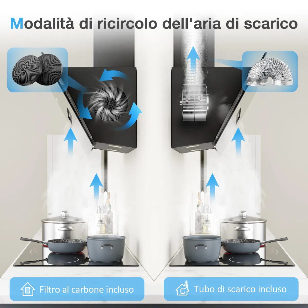 IsEasy Cappa Aspirante 90cm Inclinata, Cappa Cucina di Scarico/Ricircolo con 578 m³/h Forte Potenza di Aspirazione, 3 Livelli di Regolazione, 58 dB, Funzionamento Touch, Nero, Efficienza A++