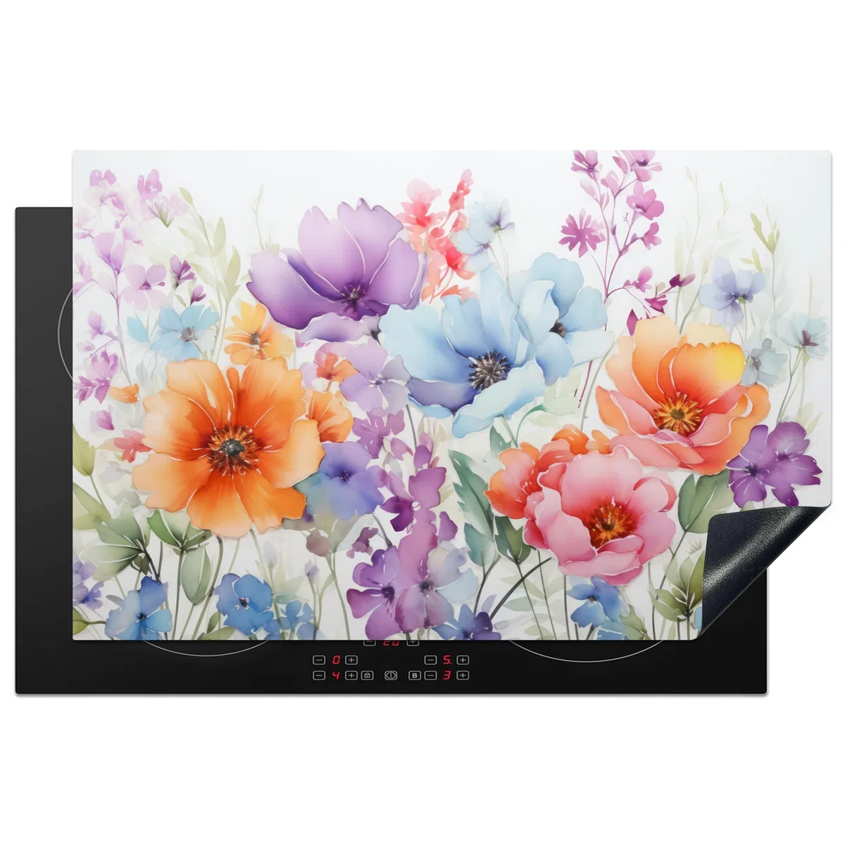 KitchenYeah© Protezione Piano Induzione 80x52 cm Cucina Copri Fornelli Proteggi di Cottura Antiscivolo Tappetino Acquerello - Fiori - Primavera - Natura