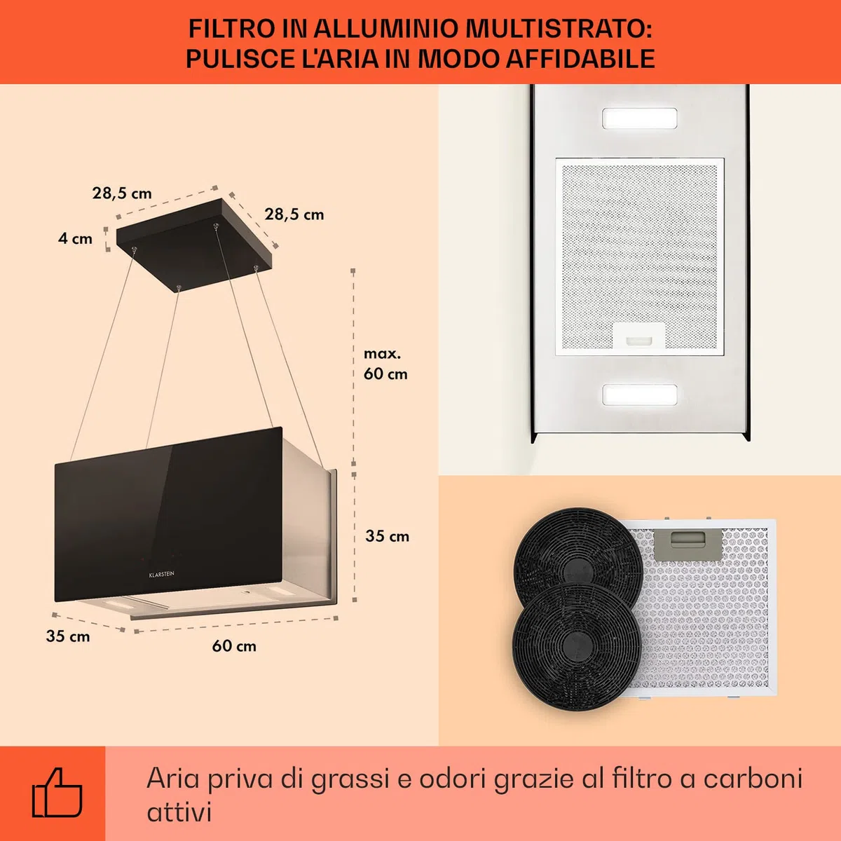 Klarstein Cappa Isola Sospesa, Cappa Cucina con Timer, Flusso d'Aria di 590m³/h, Cappa Sospesa per Isola Cucina con 3 Modalità e Filtri Antigrasso, Cappa Isola Sottopensile con Filtri a Carboni Attivi