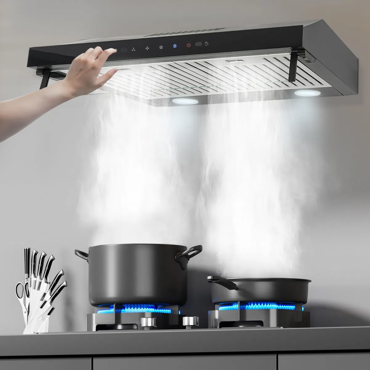 Cappa aspirante in acciaio inox con doppio motore, cappa aspirante da cucina con sensore touch e ricircolo d'aria, cappa aspirante con filtro ai carboni attivi