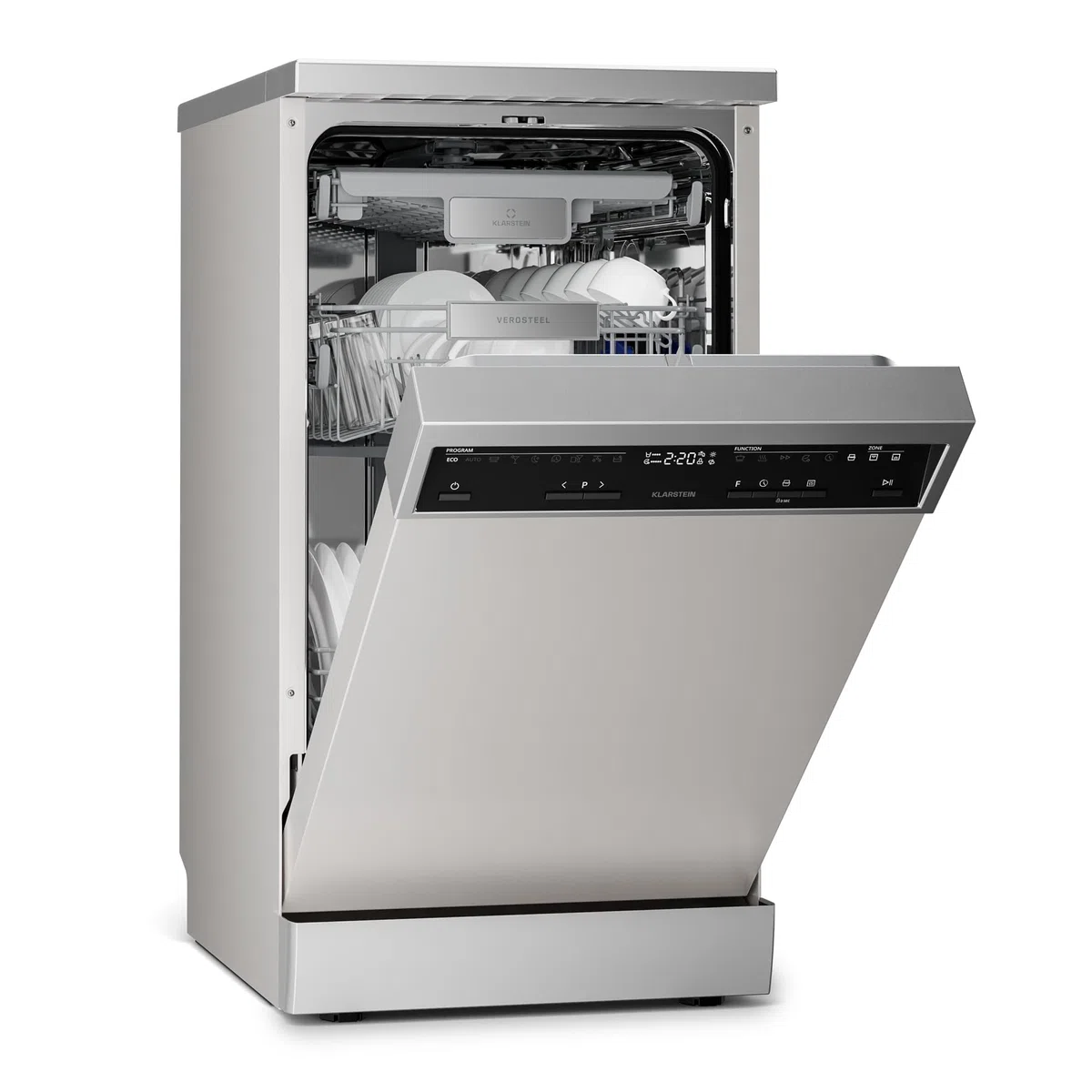 Klarstein Verosteel Lavastoviglie 45cm Libera Installazione - 10 Coperti, 9 Programmi, 42 dB, Classe B, AquaStop, Blocco Bambini, Argento, Display, Lavastoviglie Compatta