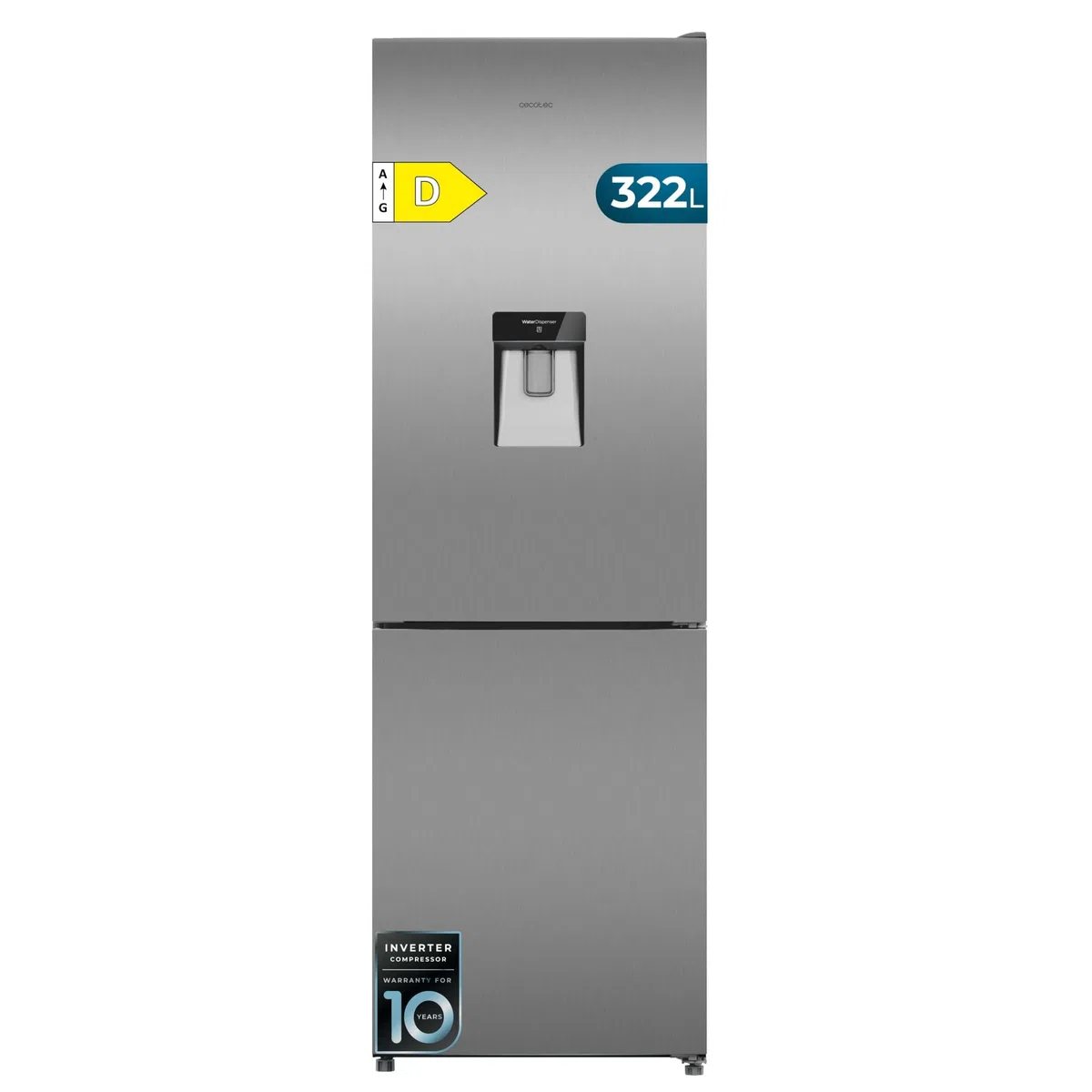 Cecotec Frigorifero Combinato con Dispenser Acqua 322L Bolero CoolMarket Combi 322i WD Inox D. Altezza 185,5cm, Larghezza 59,5cm, Tecnologia Multi Airflow, HumidityFlex HUB, LED Interno