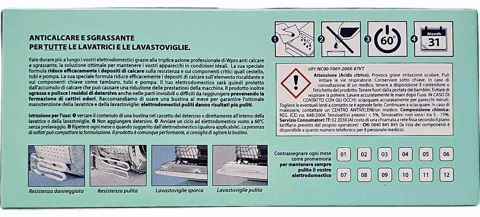 Wpro universale lavatrice e lavastoviglie Disincrostatore e Grease Remover (48 x 50 g Bustine)