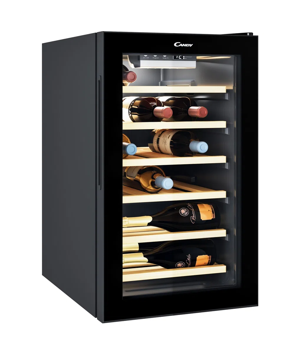 Candy DiVino CWC 021 ELSP/N Cantinetta Vino Refrigerata, 21 Bottiglie, App hOn con Tecnologia Vivino, Ripiani in Legno, Luce Led, Classe G, 40x55x70 cm, Nero