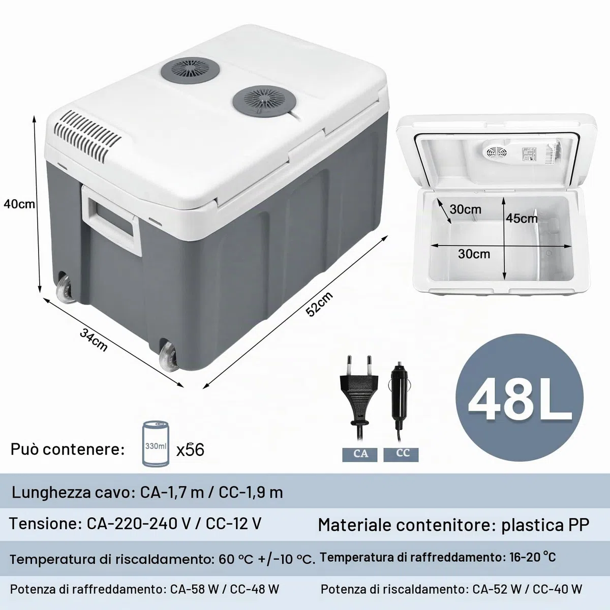 UISEBRT Frigorifero portatile da 48 litri con ruote, 12 V 220 V, frigo elettrico termico con funzione di mantenimento del freddo e del caldo, con modalità ECO per auto, barca, campeggio, grigio