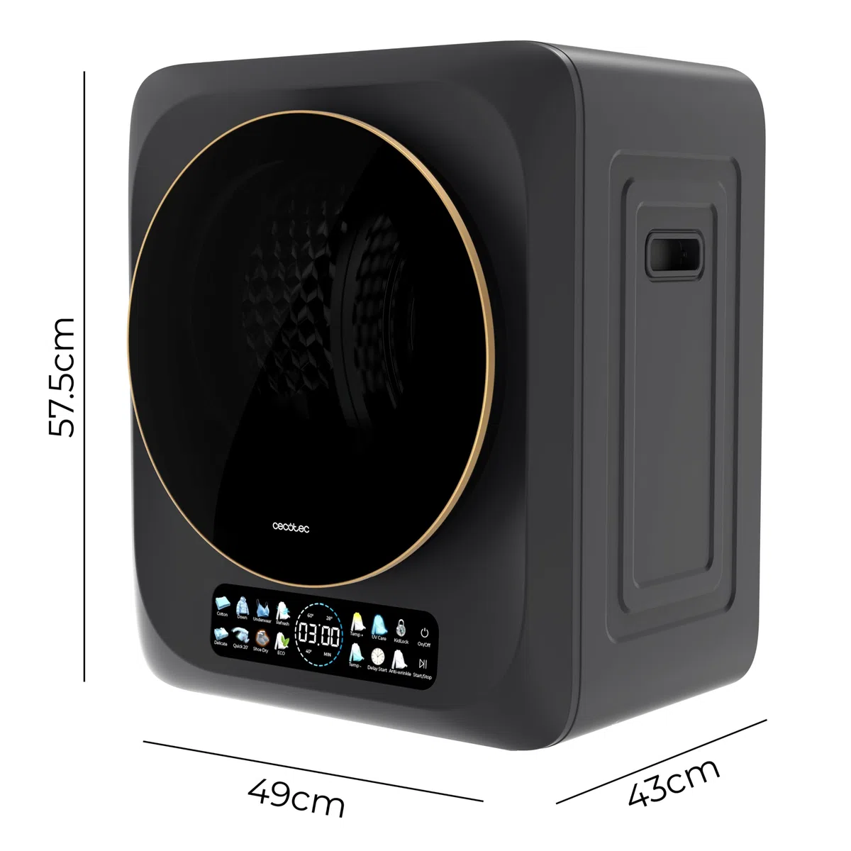 Cecotec Mini Asciugatrice Portatile 3 Kg Bolero DressCode Dry 3400V Dark. di Scarico, 8 programmi, G, Asciugatura Automatica, Schermo FullColor, Funzione UV Care, Dry Shoe Pro, Avvio Ritardato, Dark