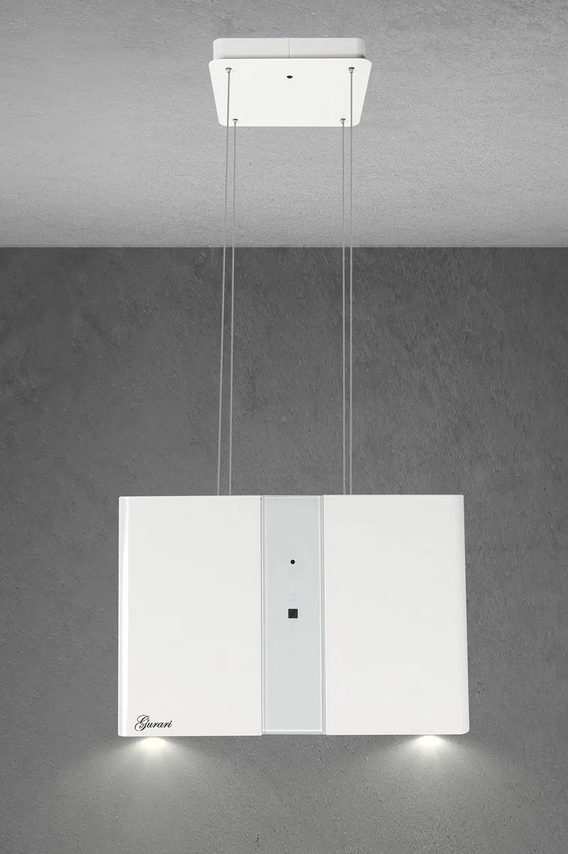Cofano ad isola GURARI GCH I 331 45 WH PRIME, cofano ad isola a ricircolo 45 cm, cofano a soffitto, 1000m³/h, bianco, vetro bianco, 4 livelli, display, illuminazione LED