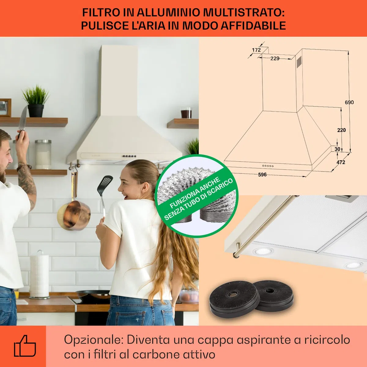 Klarstein Cappa Aspirante 60 cm Angolo Cucina Smart Silenziosa Filtro Antigrasso Alluminio Lavabile Lavastoviglie LED