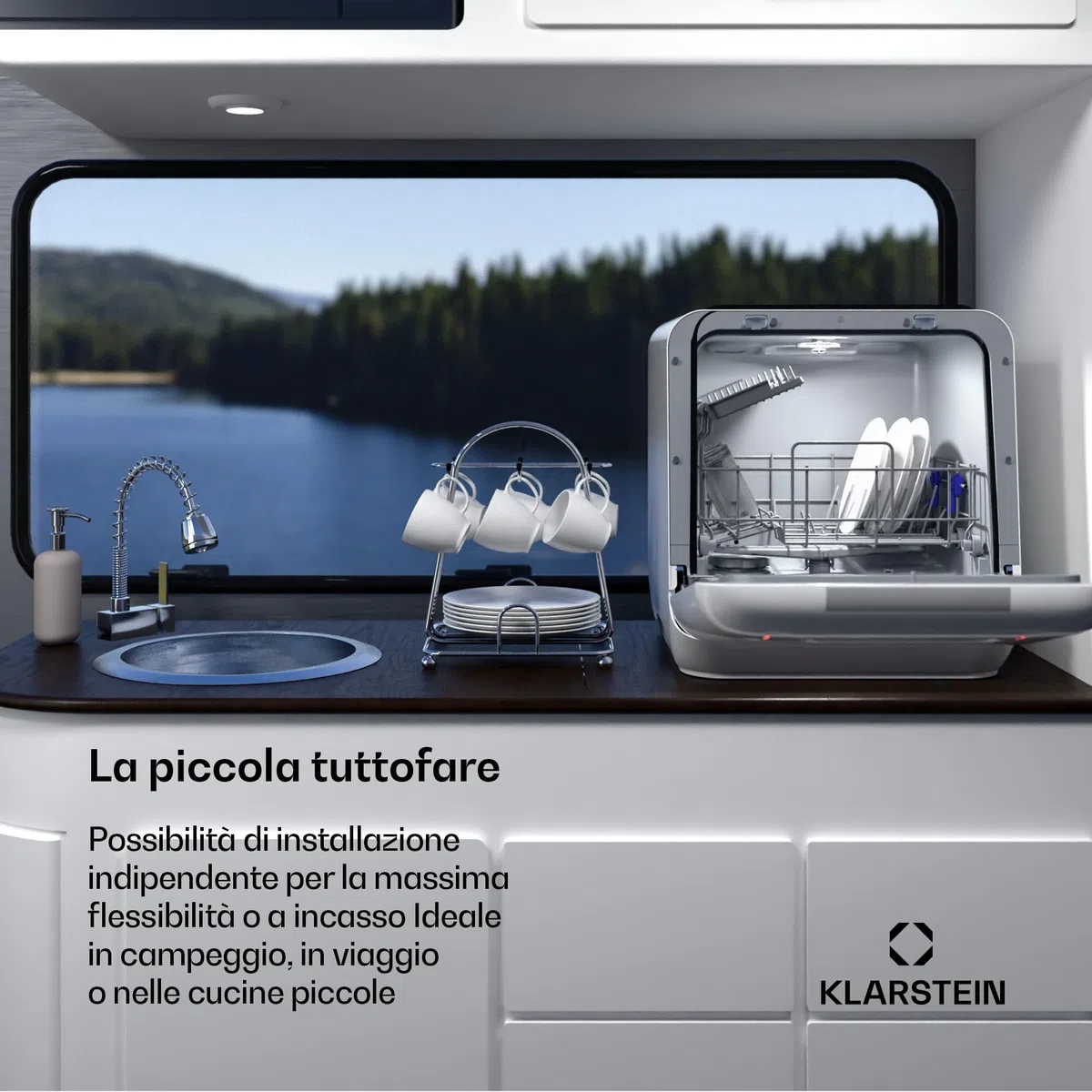 Klarstein Mini Lavastoviglie Aquatica – Lavastoviglie da Tavolo Compatta, 2 Coperti, 3 Programmi, Serbatoio 5L, Senza Installazione, Silenziosa 58dB, Portatile per Casa & Campeggio