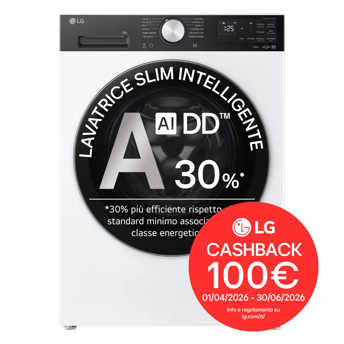 LG F2NX50S9TKC Lavatrice Slim 9 kg Next AI DD, Classe A -30%, 1200 Giri, Programma AI Wash con Intelligenza Artificiale, Wi-Fi, Allergy Care, TurboWash 360, Serie X5, White Black Pannel e Silver Knob