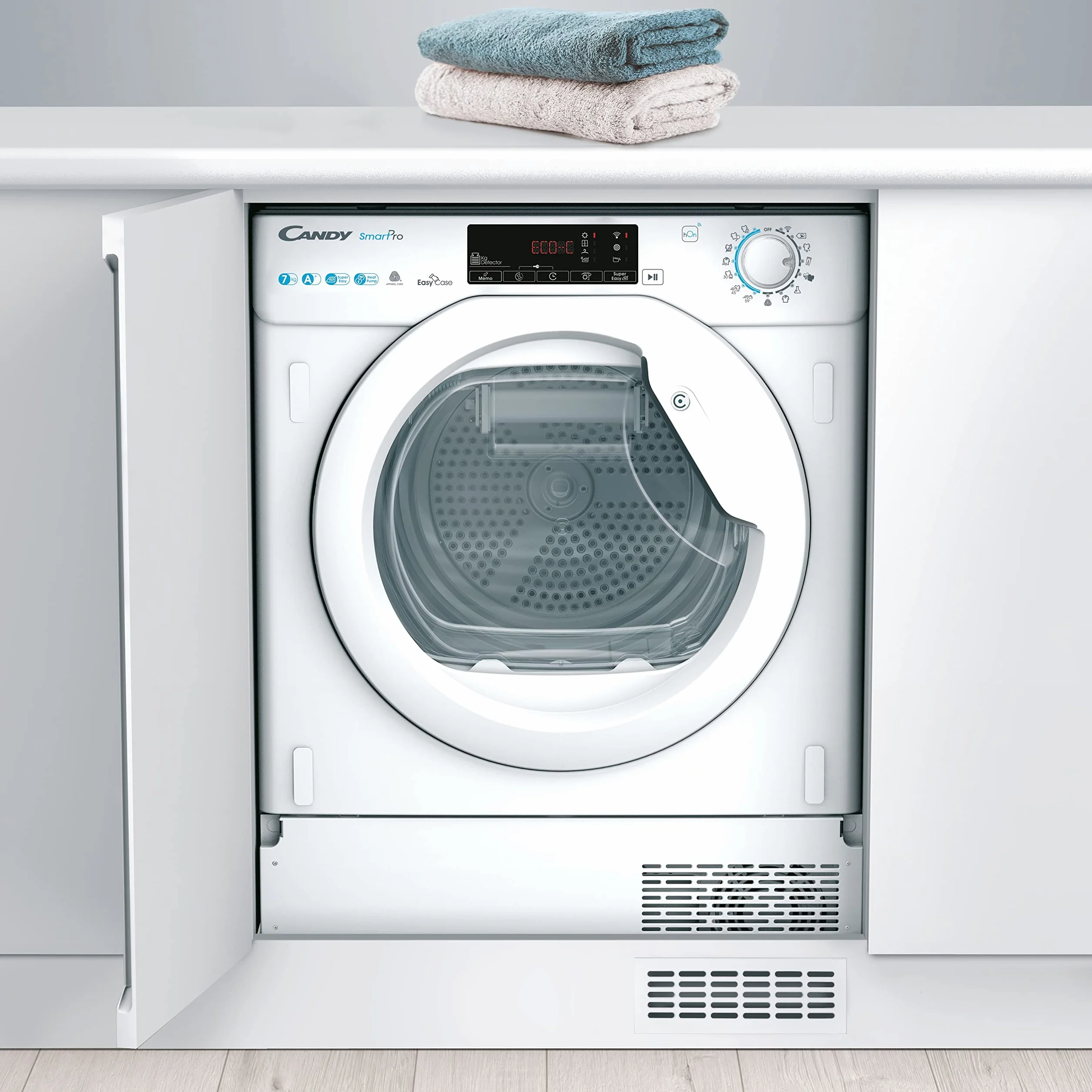 Candy Smart Pro Asciugatrice 7 Kg da Incasso, Pompa di Calore, Classe A+, Wi-Fi e BLE, Controllo da Remoto, Avvio Programmabile, Programma Stiro Facile, 60 x 46,5 x 85 cm, Bianca - BCTD H7A1TE-S