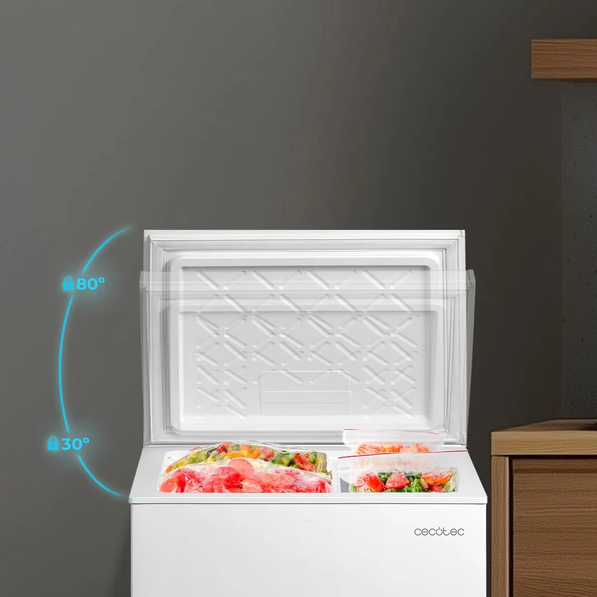 Cecotec Congelatore Orizzontale 99L Bolero CoolMarket Chest 99P White E. Cestello con Maniglie, Controllo Elettronico LED, UltraContact D-Cool, Dual Function, Porta ZeroG (80º-30º), Fast Freezing
