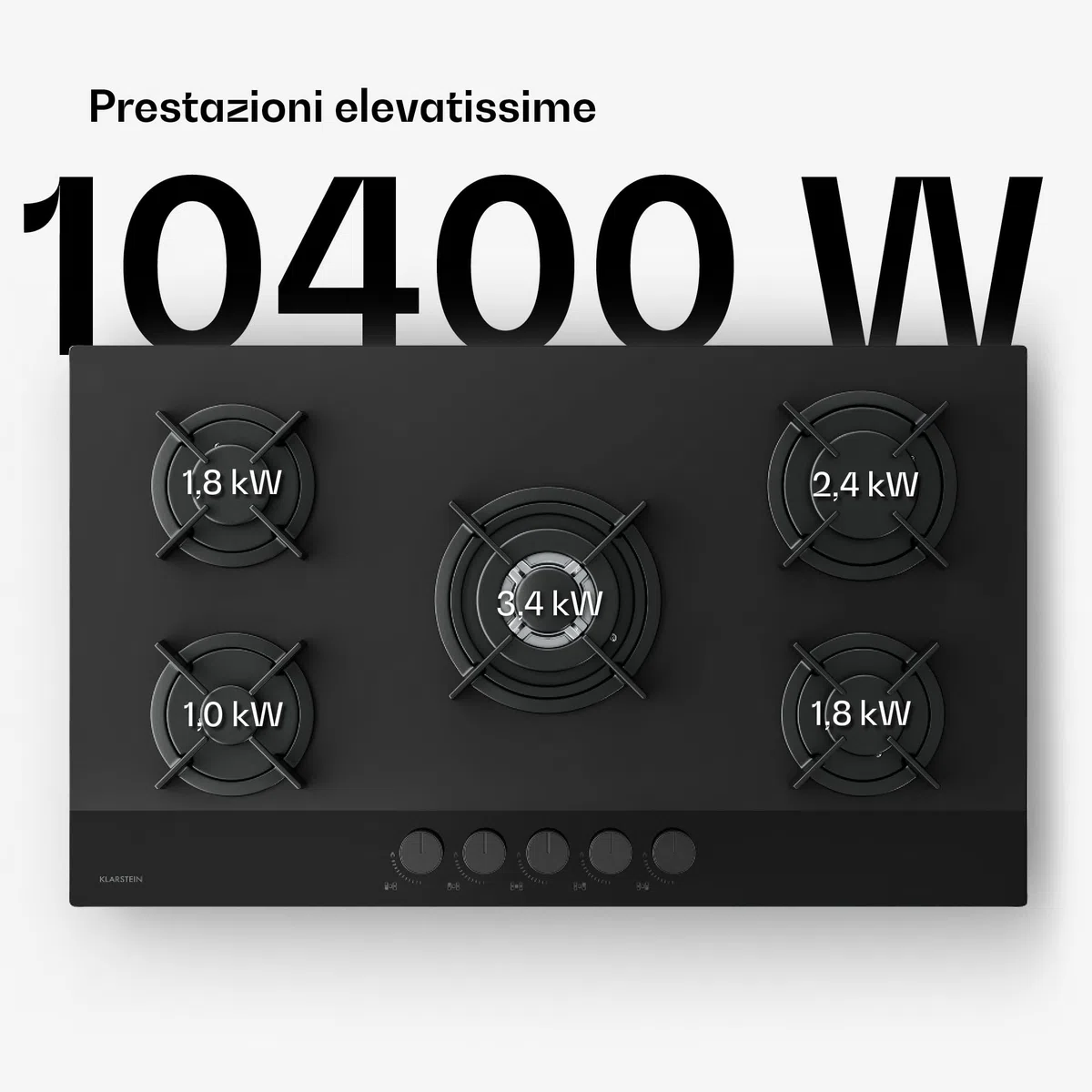 Klarstein Velaire Piano Cottura Gas 5 Fuochi - 10400W, Vetro, GPL & Gas Naturale, Accensione Elettrica, Sicurezza Spegnimento, 90cm, Kit Incluso