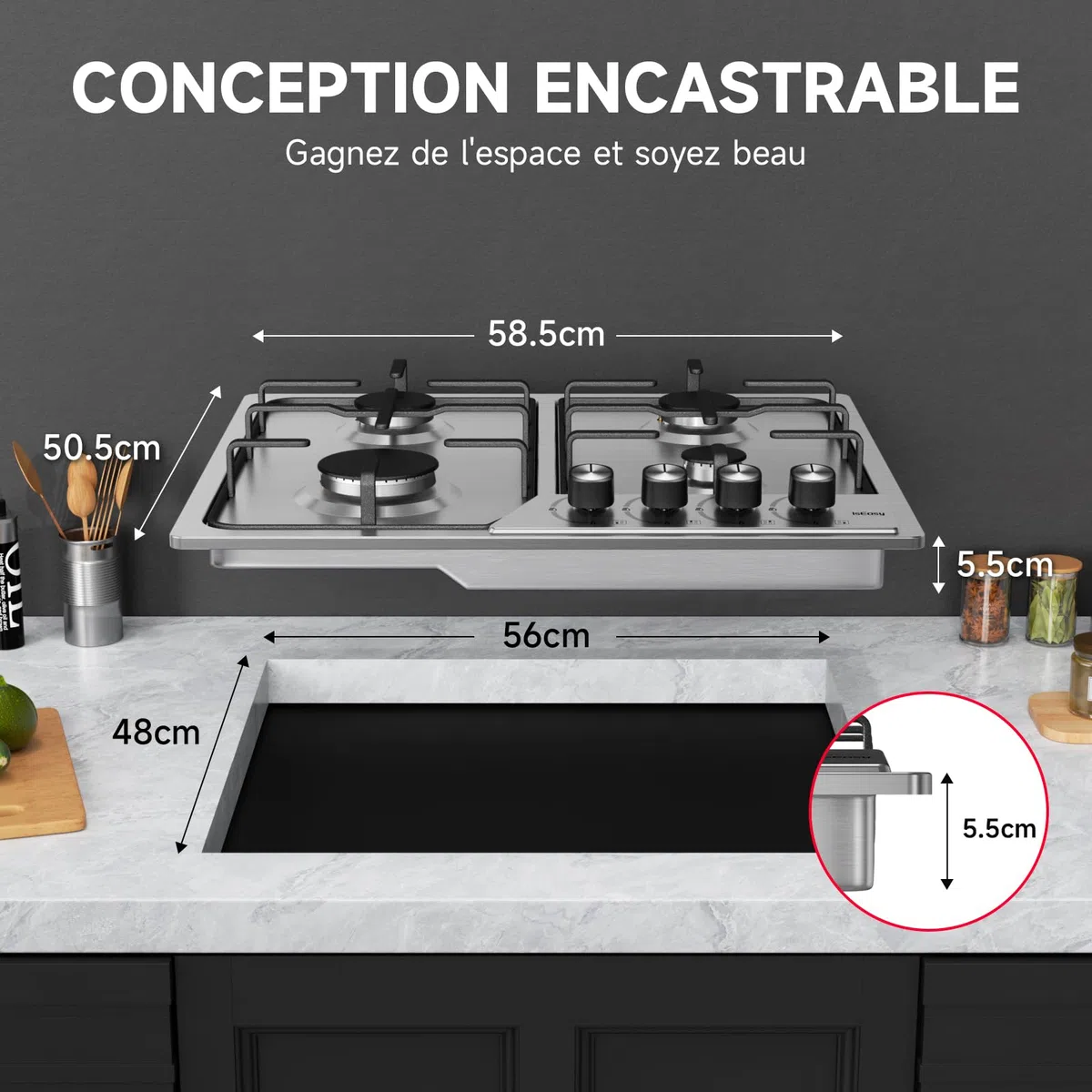 IsEasy Piano Cottura a Gas 4 Fuochi Incasso in Acciaio Inox, 60cm con Bruciatore da 7.2 kW, Sicurezza Termocoppia, Alimentazione Metano/GPL
