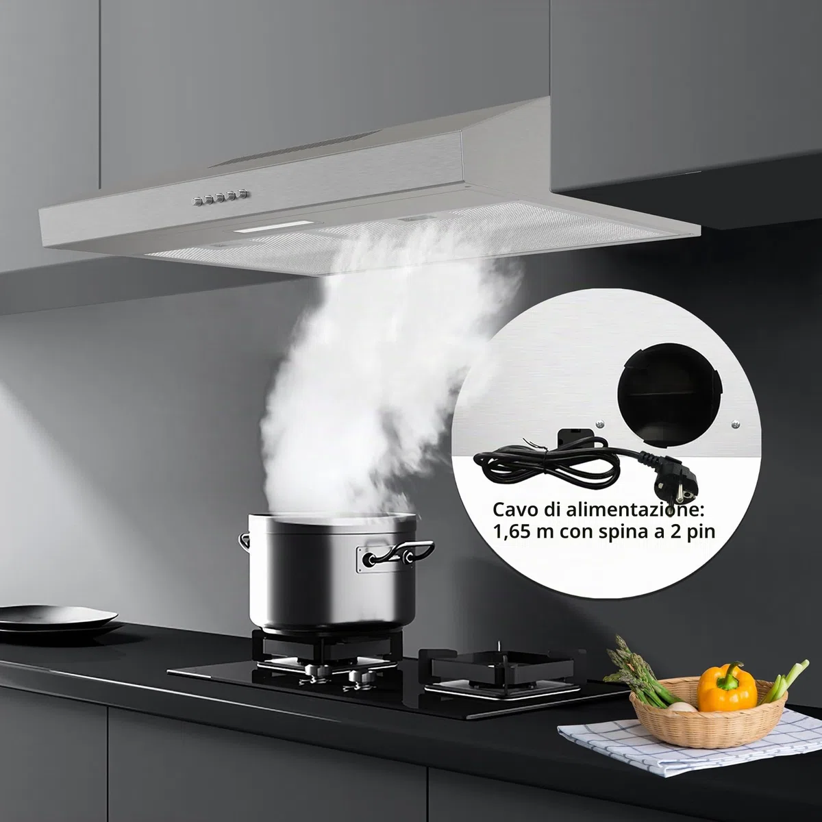 FIREGAS Cappa Aspirante 60 cm, Cappe a muro, Sottopensile Cappa da Cucina, 3 Velocità, Luci LED, Modalità di Scarico e Ricircolo, Argento