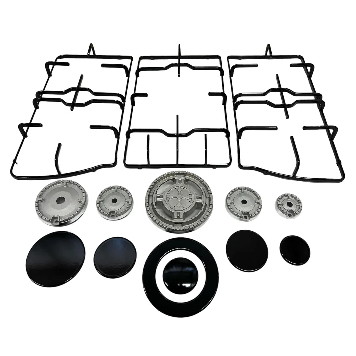 eRicambi®, Kit Sostituzione Franke Trend Set Completo, 3 Griglie + 5 Fornelli Cucina, Completi di Piattelli e Bruciatori. Dimensioni Griglia DX/SX 422x212 (mm) Griglia Centrale 390x230 (mm)