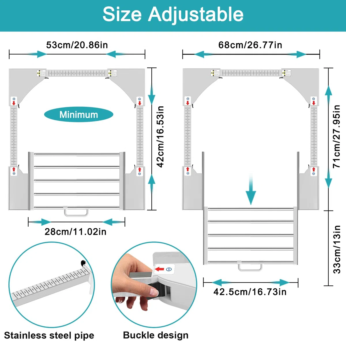 NIUXX Telaio intermedio con stendibiancheria, kit sovrapposizione lavatrice asciugatrice, kit telaio intermedio con portasciugamani estensibile, misura regolabile (53-68 cm) Bianco