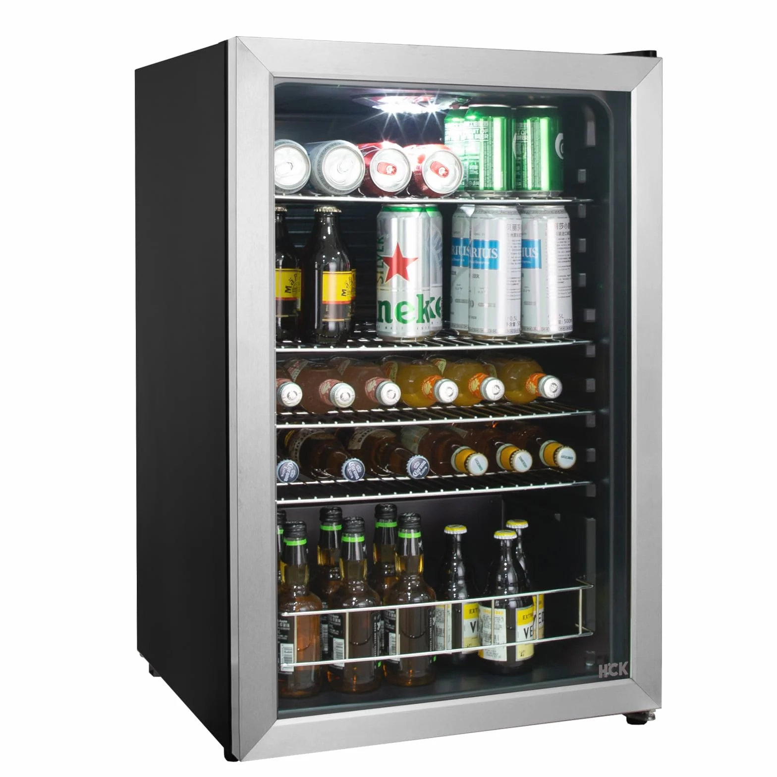 HCK 115L Frigorifero per bevande da libero posizionamento con porta in vetro doppio, temperatura regolabile 0-10℃, 4 ripiani rimovibili per birra e bevande