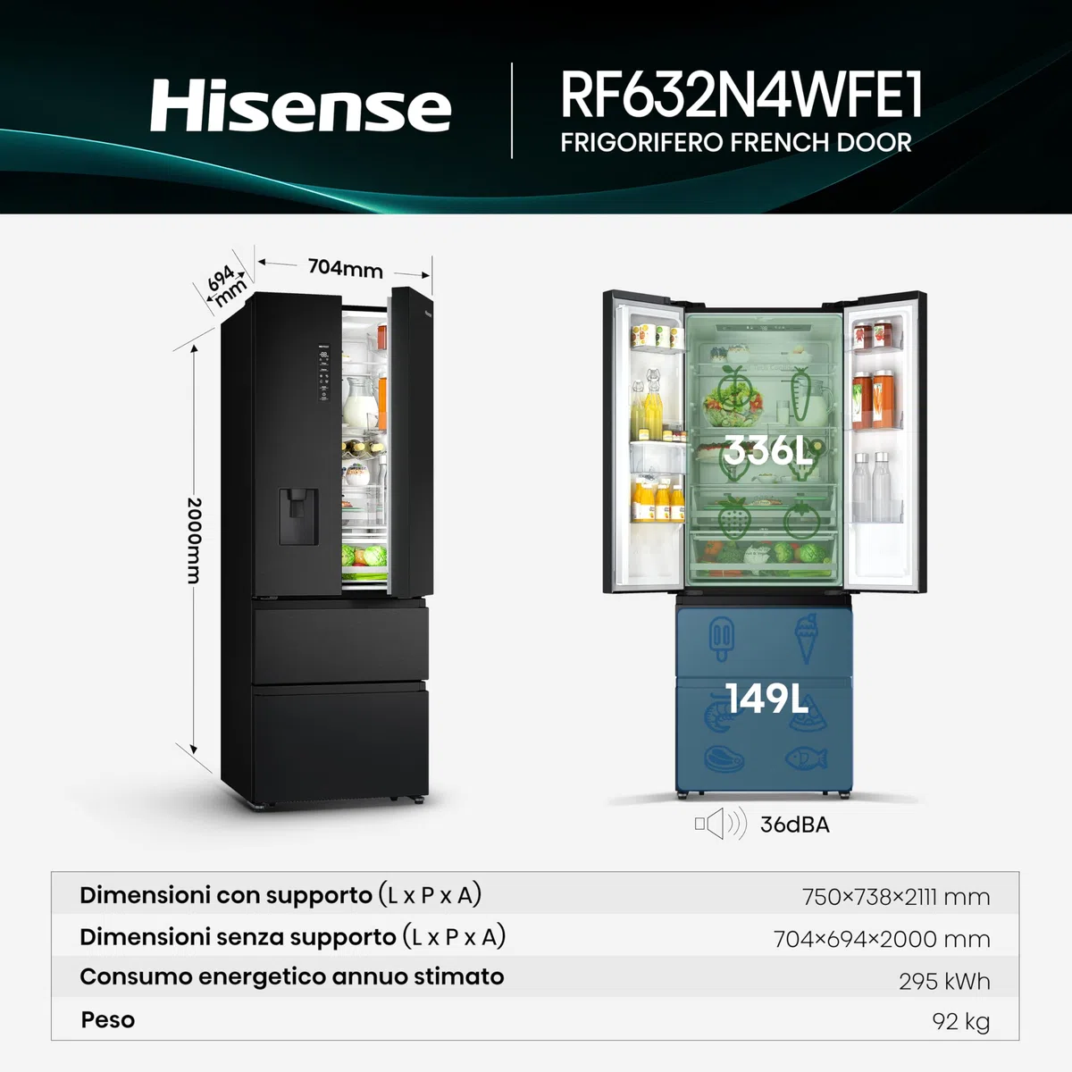 Hisense RF632N4WFE1 Frigorifero French Door, 485 Litri, Ridotta Profondità 70 Cm, Black, Metal cooling, Total No Frost, Classe Energetica E