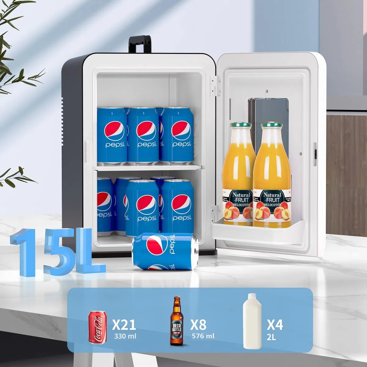 Cumeod Mini Frigo da 15 Litri/21 Lattine, Frigorifero Piccolo con Funzione di Raffreddamento e Riscaldamento, 220V AC/12V DC per Casa, Ufficio e Viaggio, Cosmetici, Bevande, Cibo, Mode Max et ÉCO