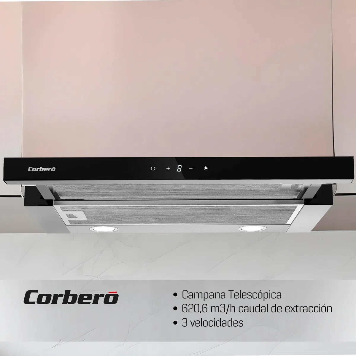Corberó ANETO960X Cappa Telescopica Inox&Nero, 90 cm, Portata 600 m3/h, Potenza 165 W, 3 velocità, Filtro alluminio 3 strati, Filtro Carbon, Efficienza Energetica A