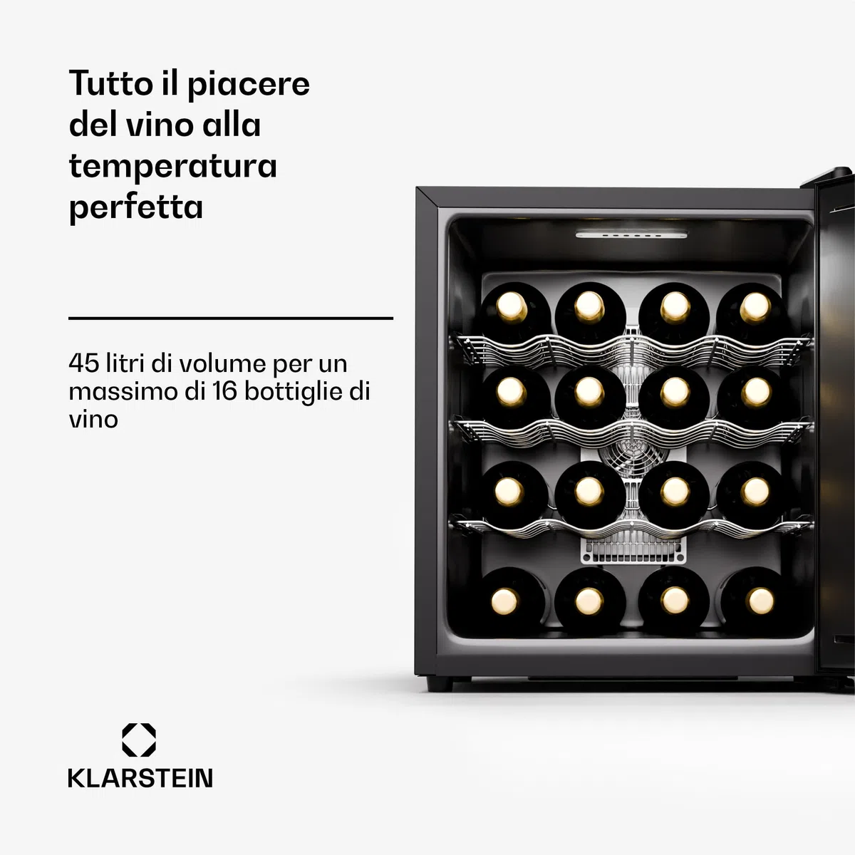 Klarstein Cantinetta Vino Refrigerata a Zona Singola, Frigo Bar, Cantina Vino con Porta in Vetro, Mini Frigo Silenzioso, 5-22°C 16 Bottiglie