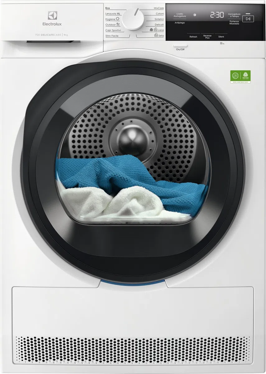 Electrolux 700 DelicateCare EW7H39B – Asciugatrice a pompa di calore 9 kg, Classe B, motore Inverter, programma Hygiene, funzione MixCare per capi misti, luce interna LED