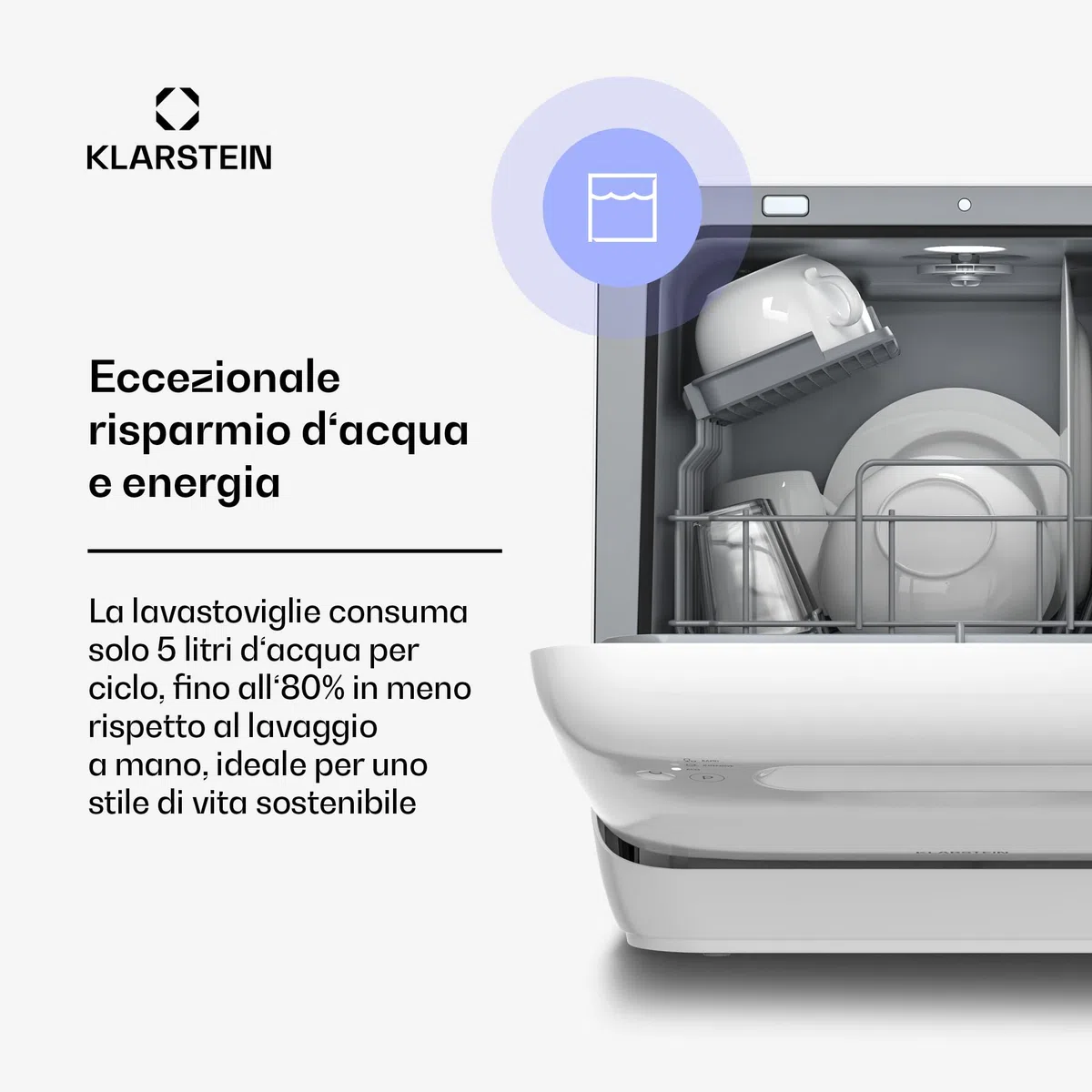 Klarstein Mini Lavastoviglie Aquatica – Lavastoviglie da Tavolo Compatta, 2 Coperti, 3 Programmi, Serbatoio 5L, Senza Installazione, Silenziosa 58dB, Portatile per Casa & Campeggio