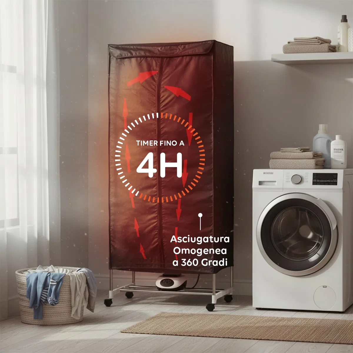 Asciugabiancheria Asciugatrice ad Aria Rettangolare 1000W con Timer 4 Ore, Telo di Copertura e Telecomando, Multiuso come Stendibiancheria Elettrico e Armadio Portatile fino a 15-20KG di Bucato