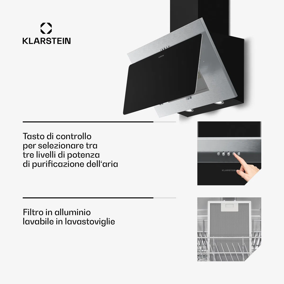 Klarstein Alessia Cappe Inclinate - 60cm Cappa Angolare, 404 m³/h, LED, A+++, 3 Velocità & Boost, Filtro Carbone, Acciaio Inox & Vetro Nero, Aspirante o Ricircolo, Cappa Cucina