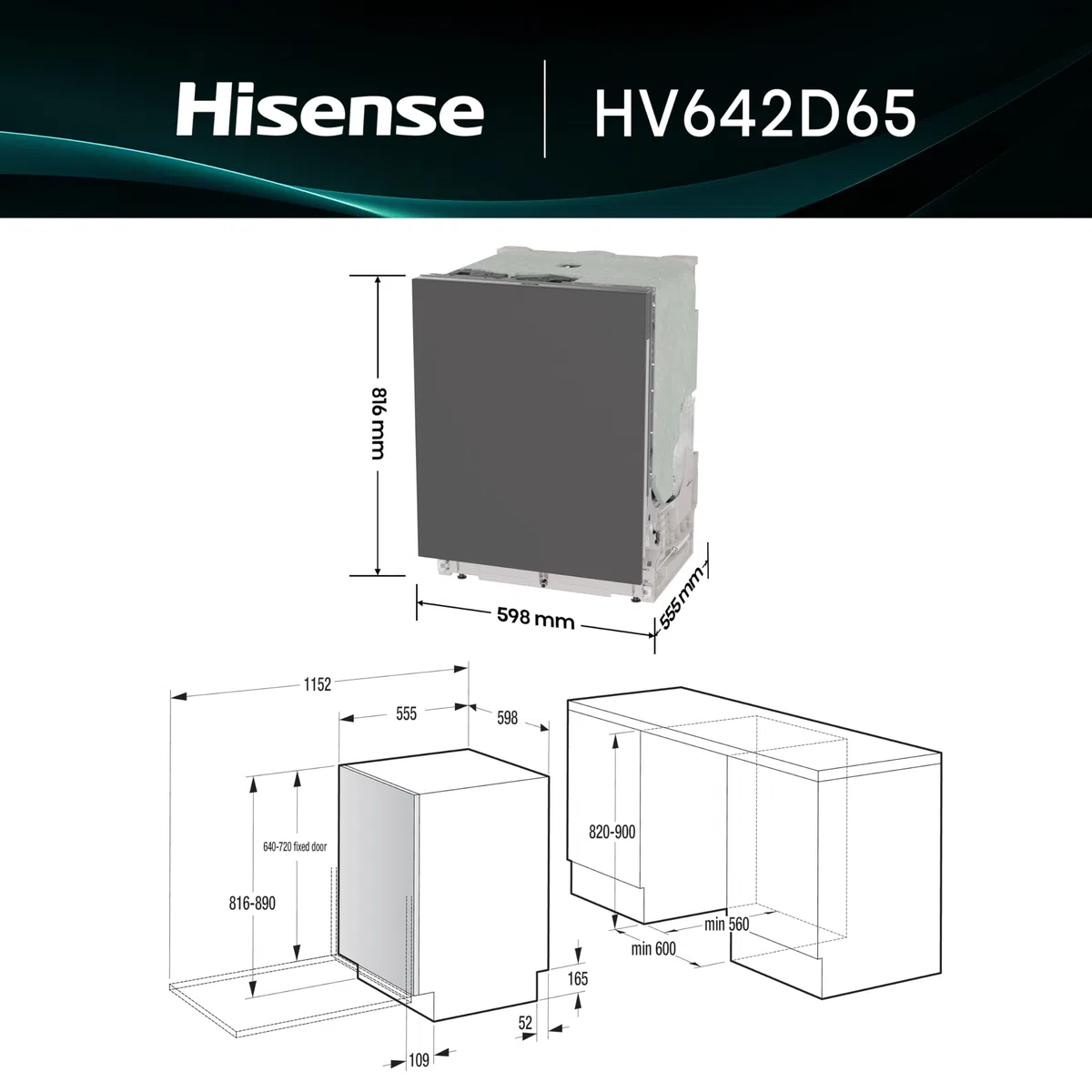Hisense HV642D65 NUOVA Lavastoviglie da Incasso 60 cm, 14 Coperti, Apertura Porta Automatica, Cesti Flessibili, 6 Programmi, Classe Energetica D