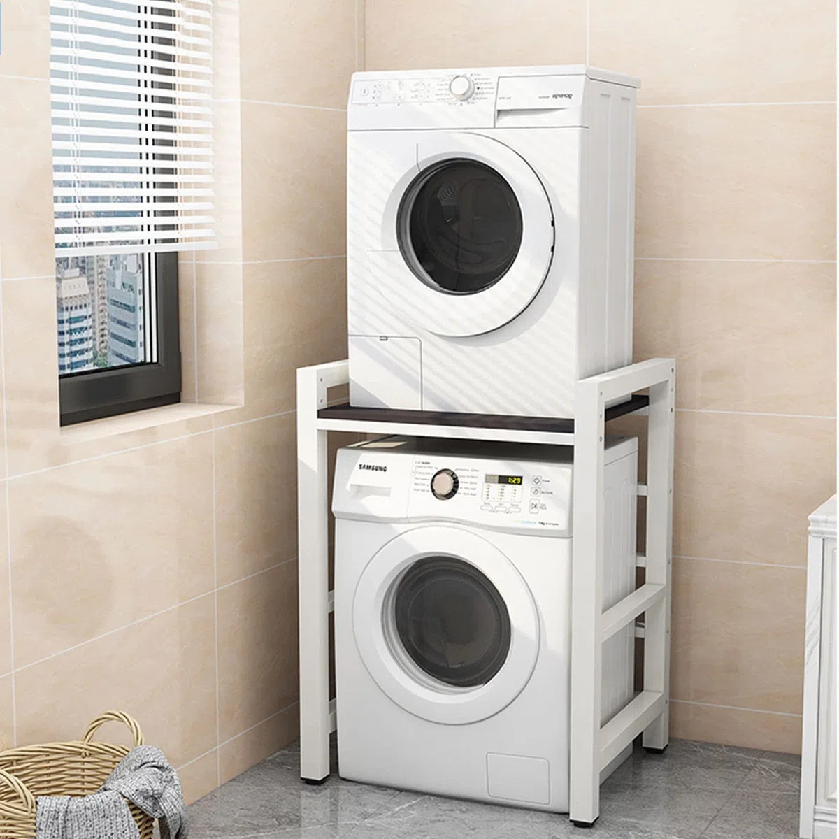 DELORM Lavatrice Scaffale Tamburo Lavastoviglie Ripiano di Stoccaggio Piano 2 Livelli Asciugatrice Superiore Impilabile Rack Adatto per Bagno, Cucina, Balcone, Lavanderia, capacità Portante 300kg